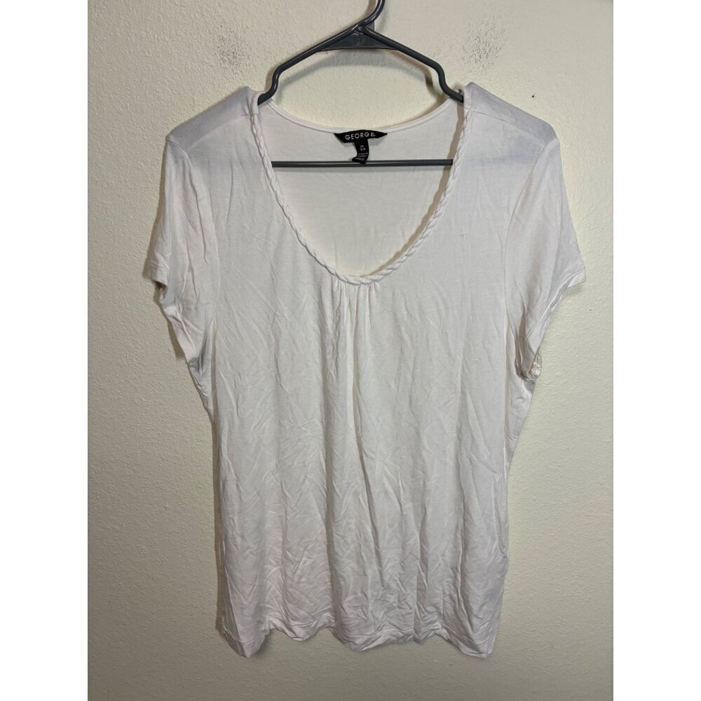 George V-Neck Blouse T-Shirt Short Sleeve Casual Boho White Sz Large (12/14) BD2